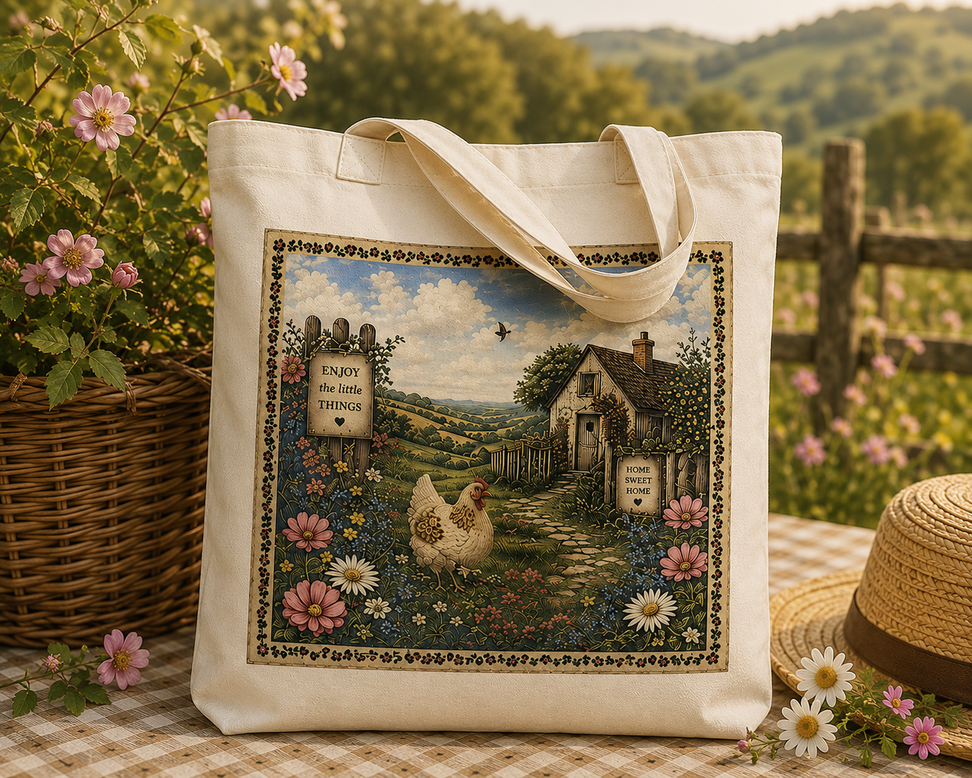 Vintage Cottagecore Tote Bag | Rustic Chicken & Wildflower Canvas Tote | “Enjoy the Little Things” Farmhouse Shoulder Bag