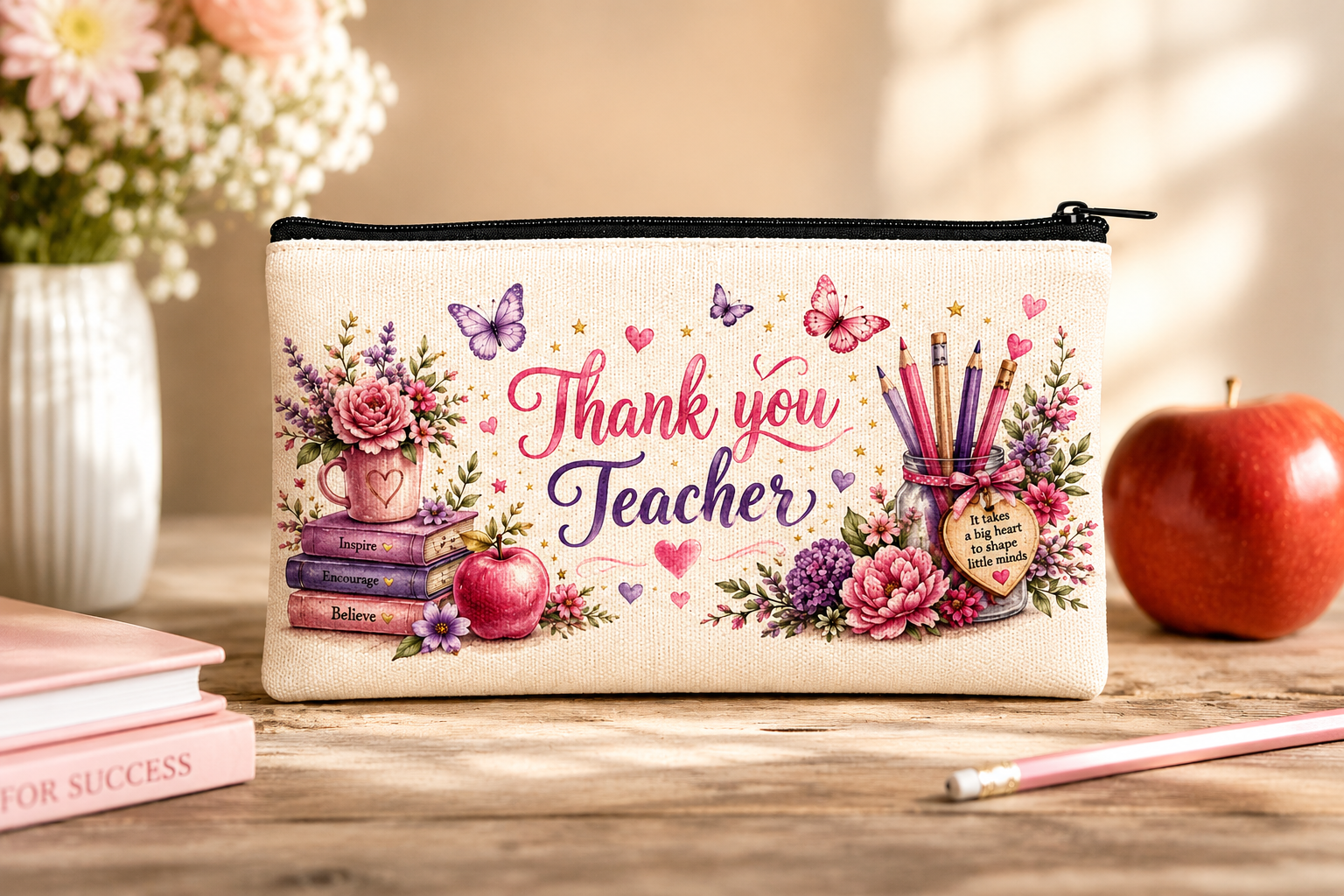 Thank You Teacher Pencil Case, Teacher Appreciation Gift, Floral Canvas Pencil Pouch, End of Year Teacher Gift