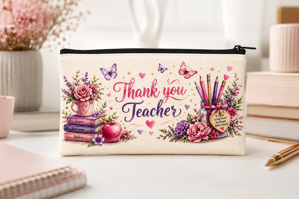 Thank You Teacher Pencil Case, Teacher Appreciation Gift, Floral Canvas Pencil Pouch, End of Year Teacher Gift