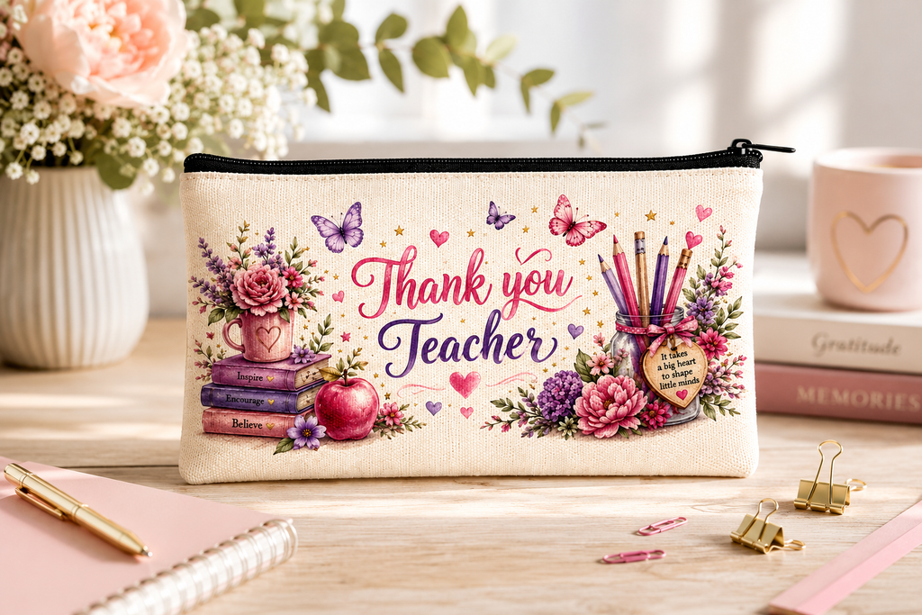 Thank You Teacher Pencil Case, Teacher Appreciation Gift, Floral Canvas Pencil Pouch, End of Year Teacher Gift