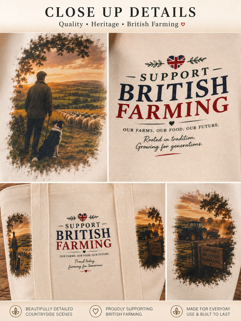 Support British Farming Handbag | Small Tote Bag | British Farmer Gift | Countryside Shopping Bag