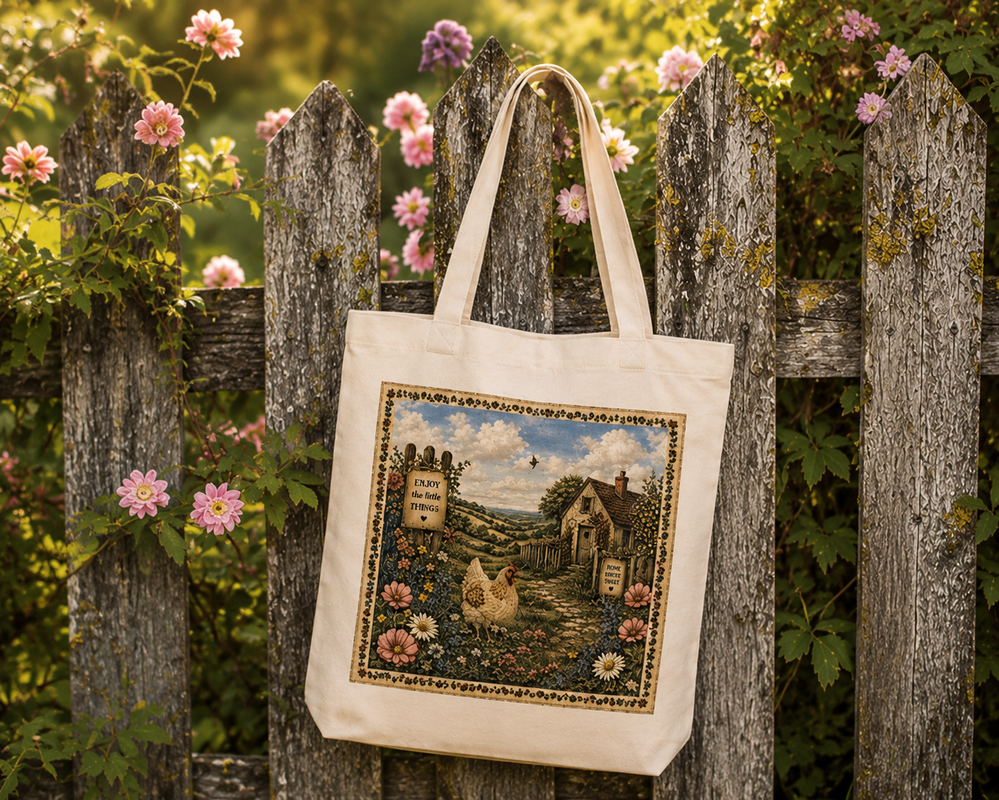 Vintage Cottagecore Tote Bag | Rustic Chicken & Wildflower Canvas Tote | “Enjoy the Little Things” Farmhouse Shoulder Bag