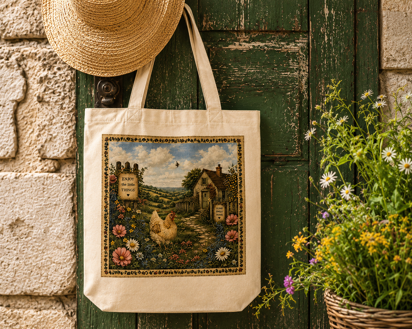 Vintage Cottagecore Tote Bag | Rustic Chicken & Wildflower Canvas Tote | “Enjoy the Little Things” Farmhouse Shoulder Bag