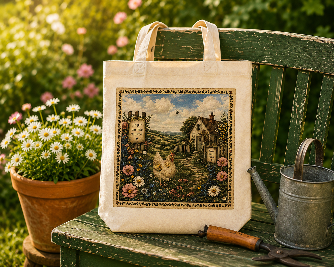 Vintage Cottagecore Tote Bag | Rustic Chicken & Wildflower Canvas Tote | “Enjoy the Little Things” Farmhouse Shoulder Bag