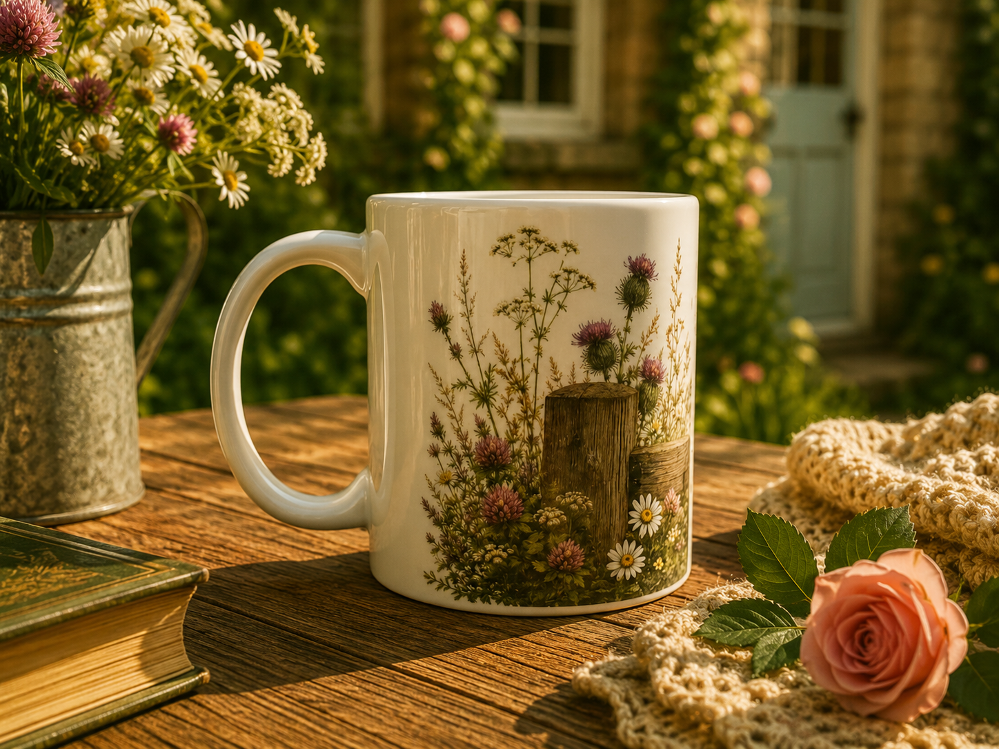 Robin on a Gate Wildflower Ceramic Mug | 11 oz Cottagecore Coffee Mug