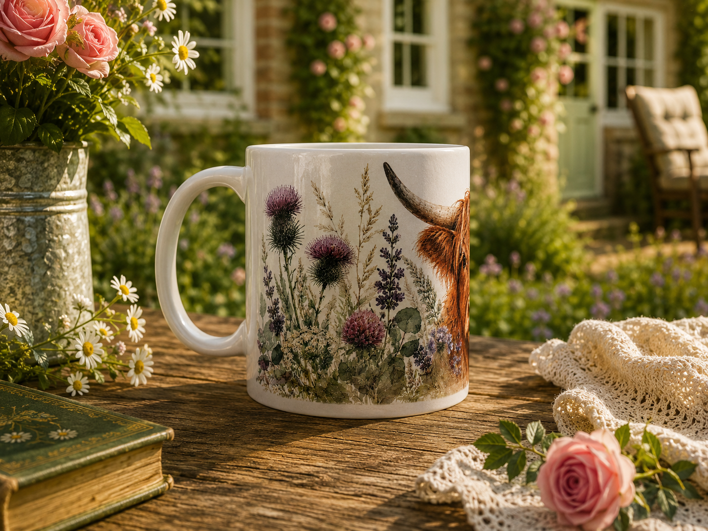Highland Cow Floral 11 oz Ceramic Mug | Rustic Cottagecore Mug