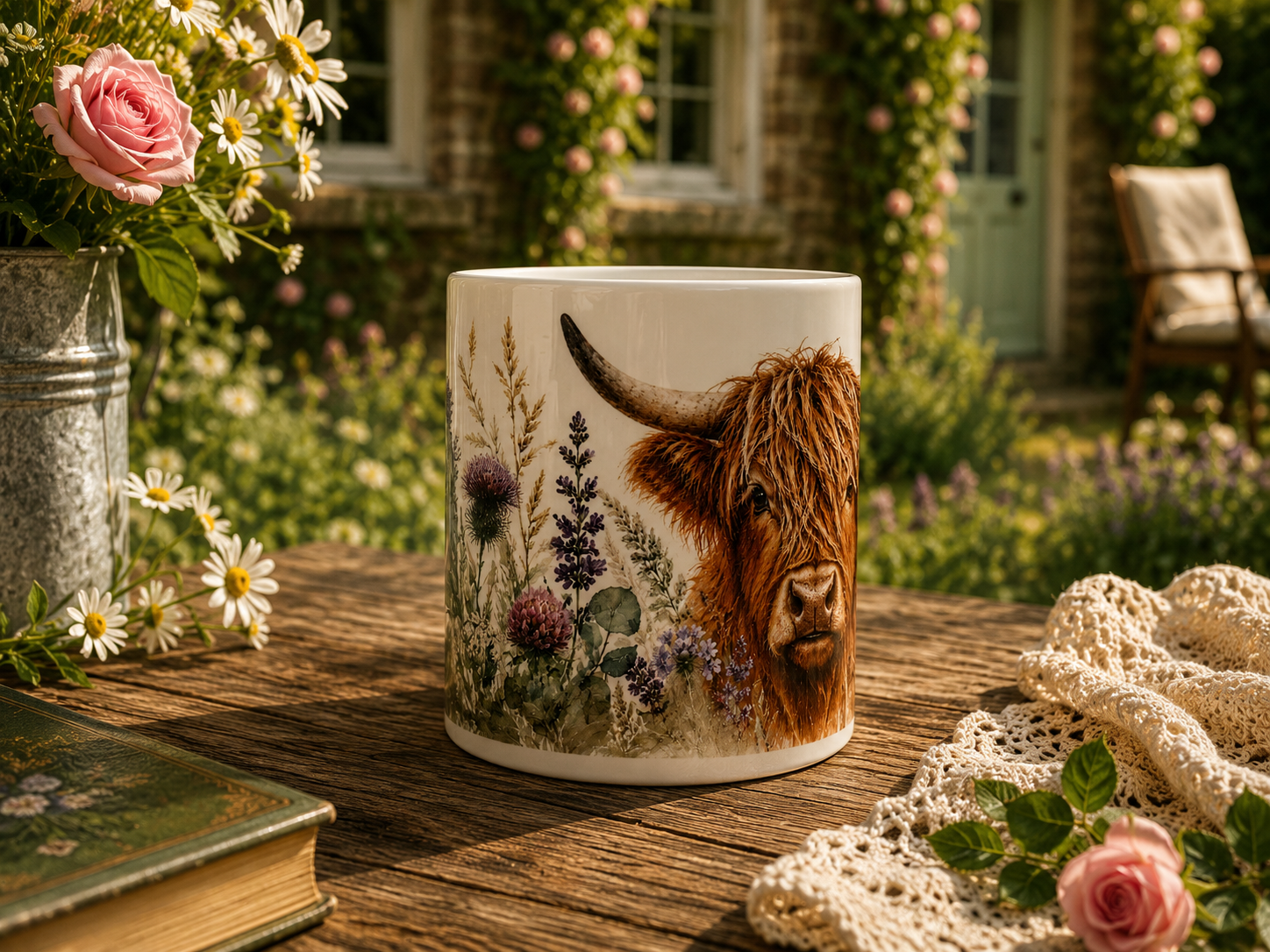 Highland Cow Floral 11 oz Ceramic Mug | Rustic Cottagecore Mug