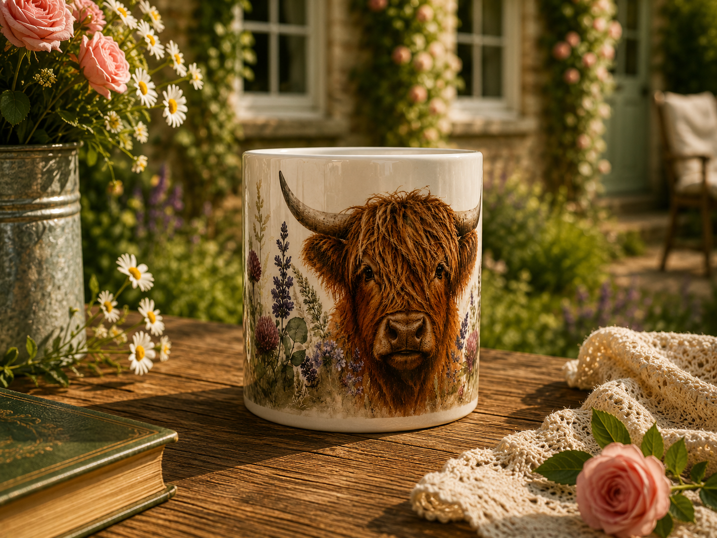 Highland Cow Floral 11 oz Ceramic Mug | Rustic Cottagecore Mug