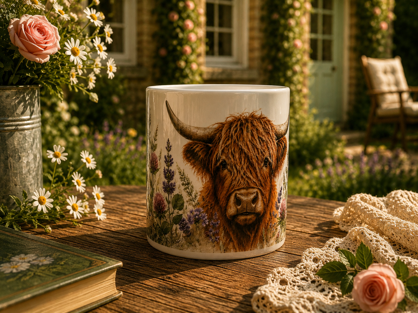 Highland Cow Floral 11 oz Ceramic Mug | Rustic Cottagecore Mug