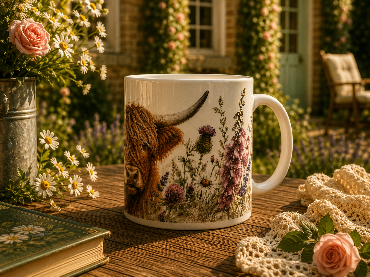 Highland Cow Floral 11 oz Ceramic Mug | Rustic Cottagecore Mug