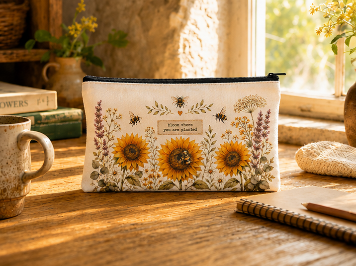 Cottagecore Bee & Wildflower Double Sided Canvas Pencil Case 21 x 11 cm | “Bloom Where You Are Planted” Floral Pencil Pouch | Aesthetic Stationery Bag for Pens, Makeup & Everyday Essentials