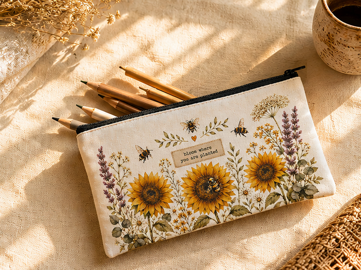 Cottagecore Bee & Wildflower Double Sided Canvas Pencil Case 21 x 11 cm | “Bloom Where You Are Planted” Floral Pencil Pouch | Aesthetic Stationery Bag for Pens, Makeup & Everyday Essentials
