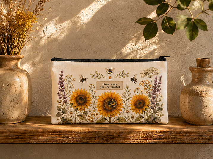 Cottagecore Bee & Wildflower Double Sided Canvas Pencil Case 21 x 11 cm | “Bloom Where You Are Planted” Floral Pencil Pouch | Aesthetic Stationery Bag for Pens, Makeup & Everyday Essentials