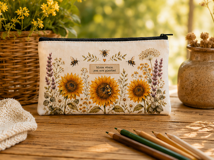 Cottagecore Bee & Wildflower Double Sided Canvas Pencil Case 21 x 11 cm | “Bloom Where You Are Planted” Floral Pencil Pouch | Aesthetic Stationery Bag for Pens, Makeup & Everyday Essentials