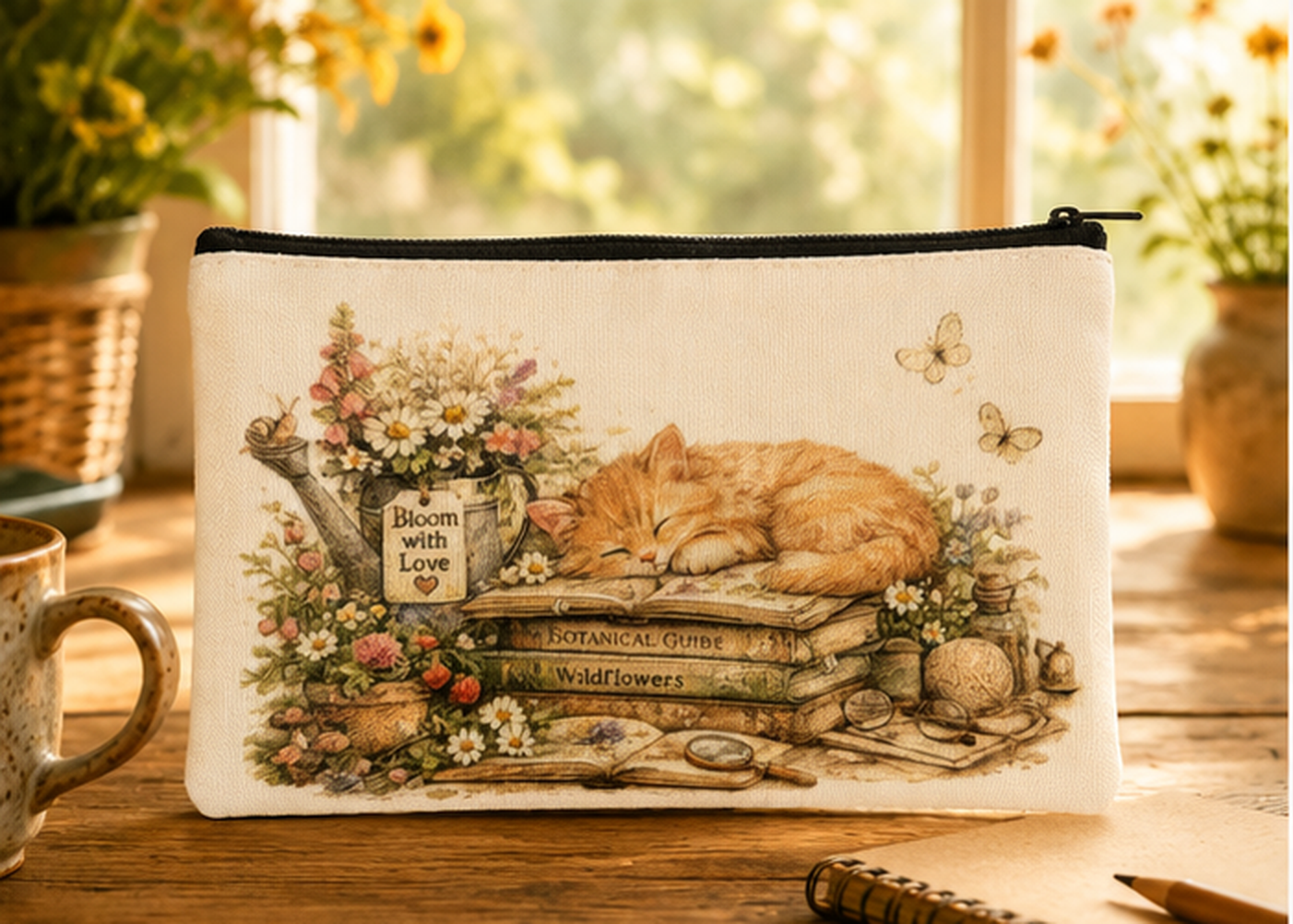 Sleeping Cat Double Sided Canvas Pencil Case 21 x 11 cm | Cottagecore Floral Pencil Pouch | Aesthetic Cat Stationery Bag for Pens, Makeup &amp; Everyday Essentials