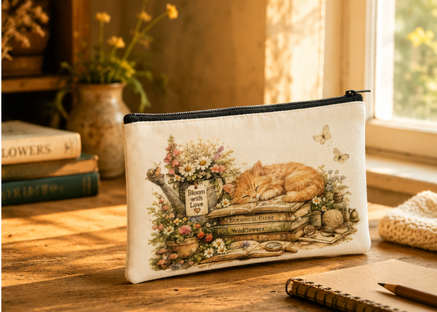 Sleeping Cat Double Sided Canvas Pencil Case 21 x 11 cm | Cottagecore Floral Pencil Pouch | Aesthetic Cat Stationery Bag for Pens, Makeup &amp; Everyday Essentials