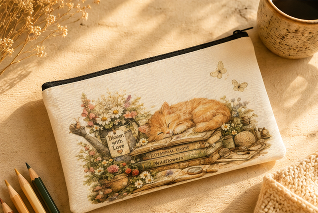 Sleeping Cat Double Sided Canvas Pencil Case 21 x 11 cm | Cottagecore Floral Pencil Pouch | Aesthetic Cat Stationery Bag for Pens, Makeup &amp; Everyday Essentials