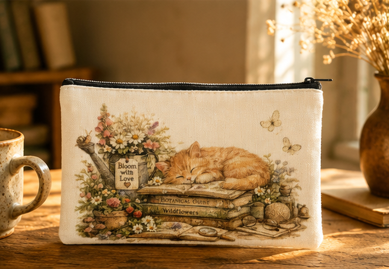 Sleeping Cat Double Sided Canvas Pencil Case 21 x 11 cm | Cottagecore Floral Pencil Pouch | Aesthetic Cat Stationery Bag for Pens, Makeup &amp; Everyday Essentials