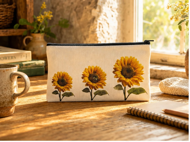 Sunflower & Bee Double Sided Canvas Pencil Case 21 x 11 cm | Cottagecore Floral Pencil Pouch | Aesthetic Stationery Bag for Pens, Makeup & Everyday Essentials