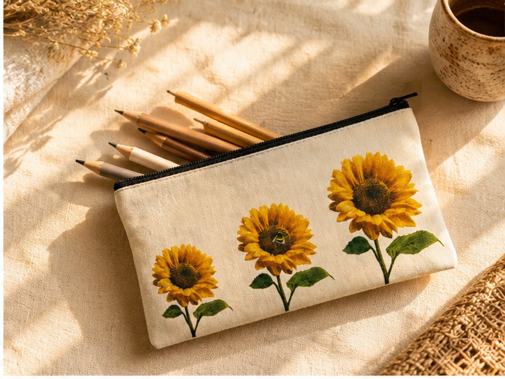 Sunflower & Bee Double Sided Canvas Pencil Case 21 x 11 cm | Cottagecore Floral Pencil Pouch | Aesthetic Stationery Bag for Pens, Makeup & Everyday Essentials