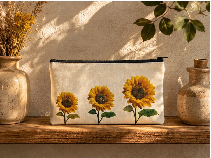 Sunflower & Bee Double Sided Canvas Pencil Case 21 x 11 cm | Cottagecore Floral Pencil Pouch | Aesthetic Stationery Bag for Pens, Makeup & Everyday Essentials