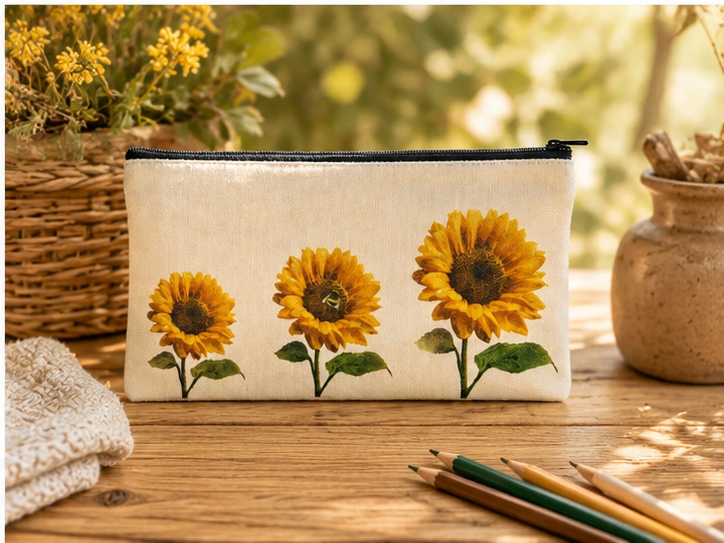 Sunflower & Bee Double Sided Canvas Pencil Case 21 x 11 cm | Cottagecore Floral Pencil Pouch | Aesthetic Stationery Bag for Pens, Makeup & Everyday Essentials